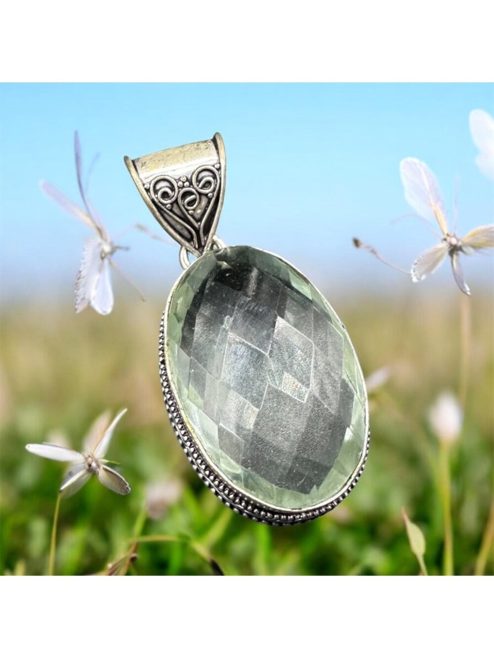 Vintage Pendant Light Green Glass Silver Tone Metal Oval Faceted Statement Retro